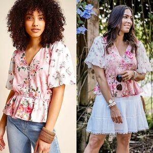 HEMANT NANDITA Floral Print Embroidery Chiffon Short Sleeve Ruffle Peplum Top XS